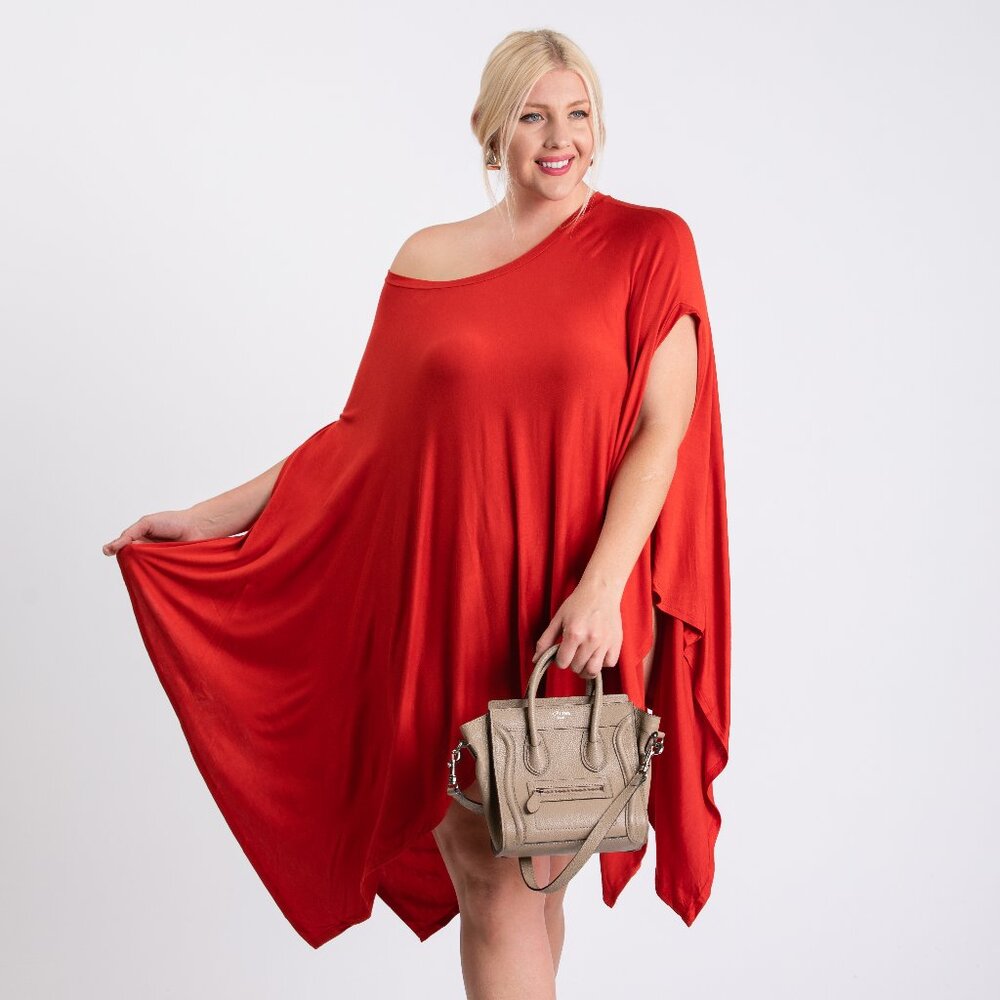 Plus Size Red One Size Asymmetric Hem Basic Poncho Cover